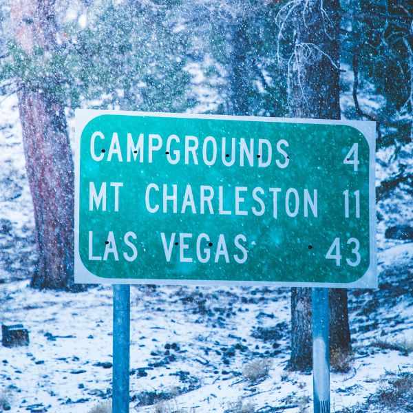 Nevada road sign near Mt Charleston in winter weather